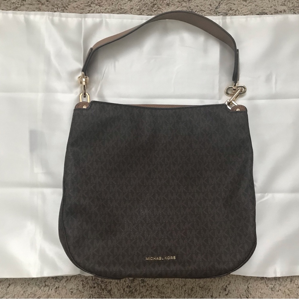 Michael Kors large monogrammed satchel. Brown/beige/gold